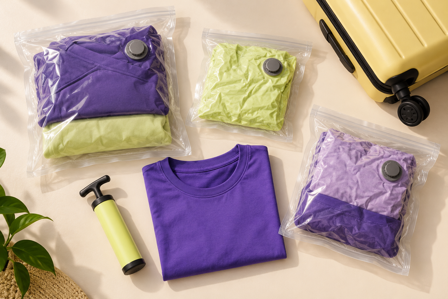 Concept image of compression bags and a pump alongside travel essentials