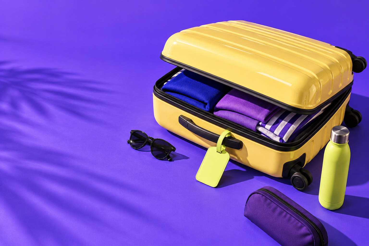 A bright yellow suitcase packed with violet clothing